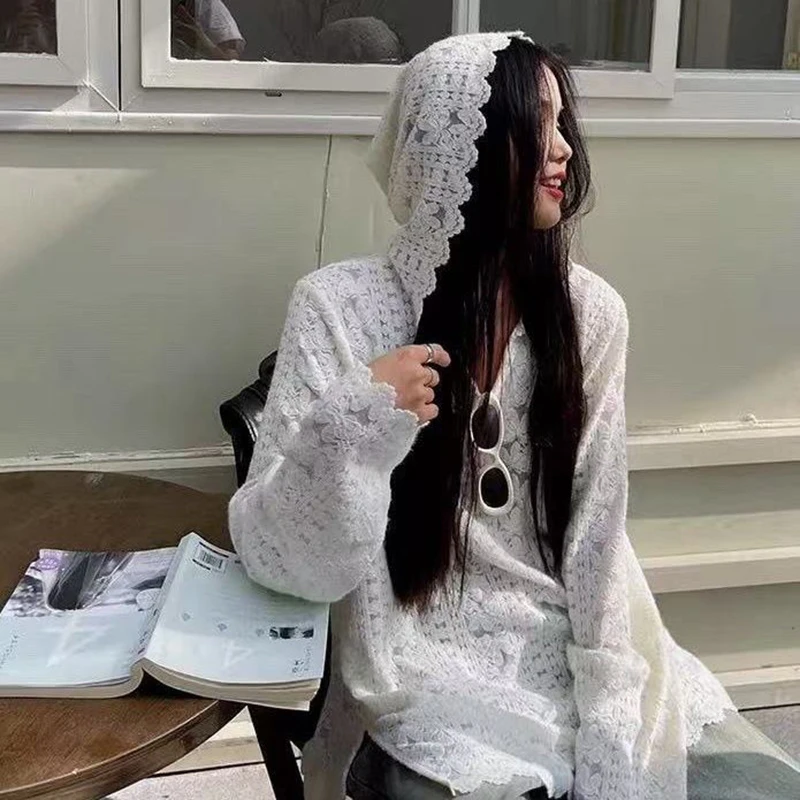 Y2K Winter Clothing - Y2K Lace Hooded Shirts Women Streetwear