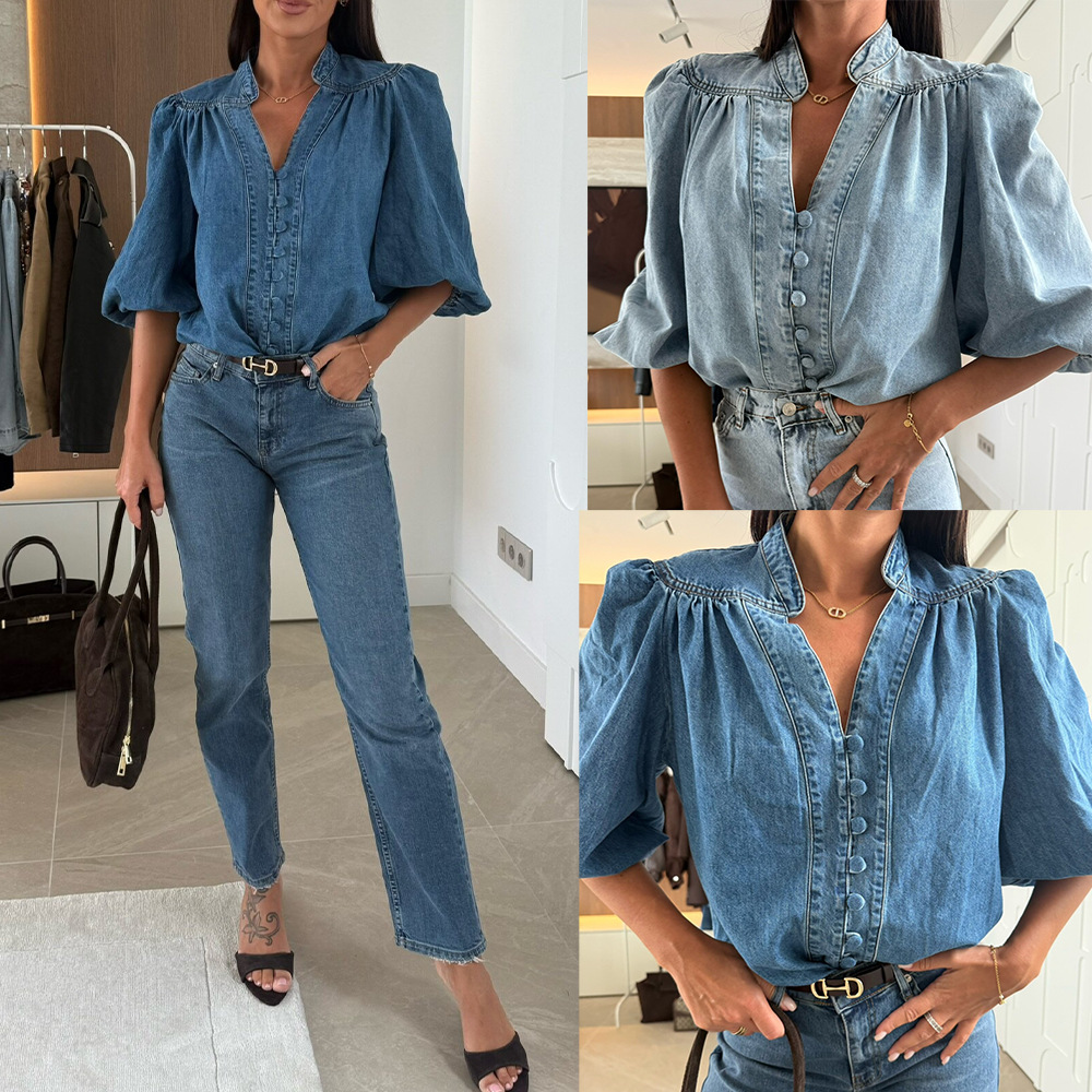 Blouses Women Denim Shirt V Ne - Y2K Winter Clothing ulasan dan harga