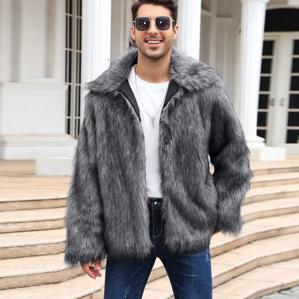 Men Faux Fox Fur Jacket Coat W - Winter Clothing Clearance ulasan dan harga